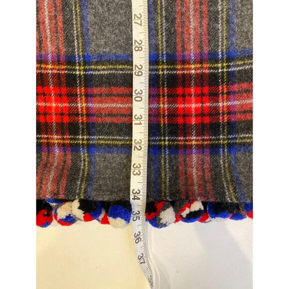 J. Crew Tartan Plaid Pom Pom Trim Holiday Scarf Gray Red Blue EUC OS Winter - Picture 7 of 7